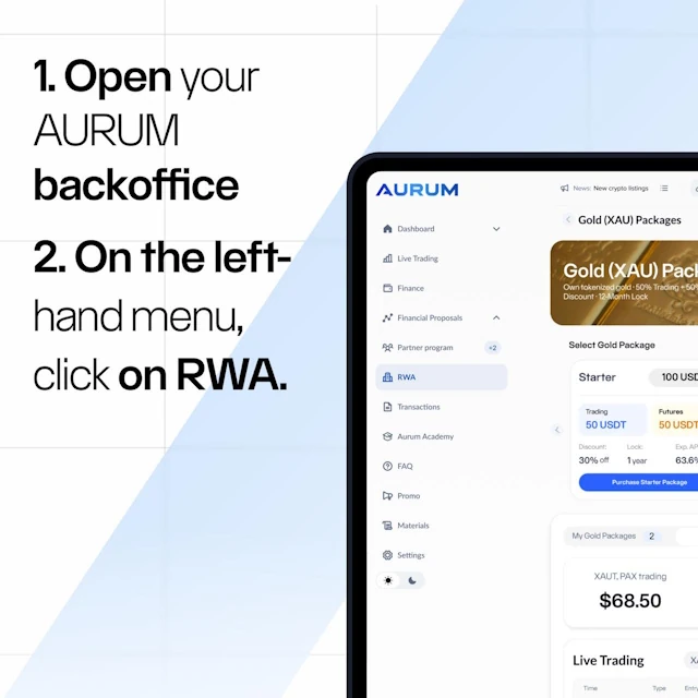 AURUM dashboard showing how to access RWA gold packages in the backoffice for tokenized gold investment