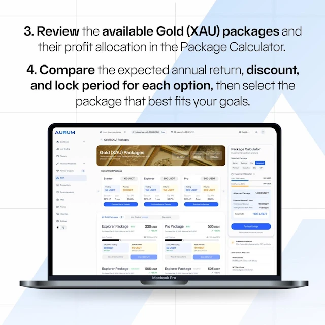 AURUM platform showing available gold (XAU) packages and package calculator for tokenized gold investment