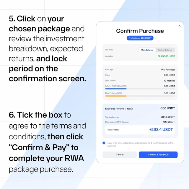 Confirm purchase screen for AURUM Gold (XAU) package showing investment breakdown, returns, and final payment step